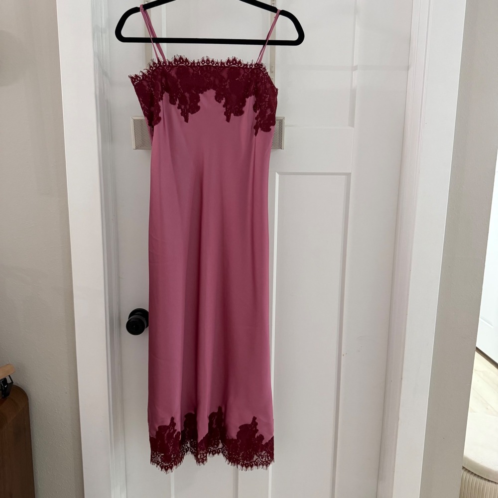 Elodie The Label Ellie Midi Dress Pink Burgundy Lace Trim Satin XS Coquette